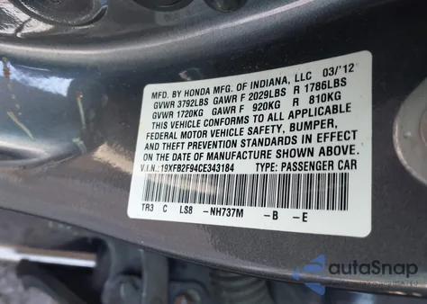 2012 Honda Civic Ex-L z USA, uszkodzony, nr VIN 19XFB2F94CE343184